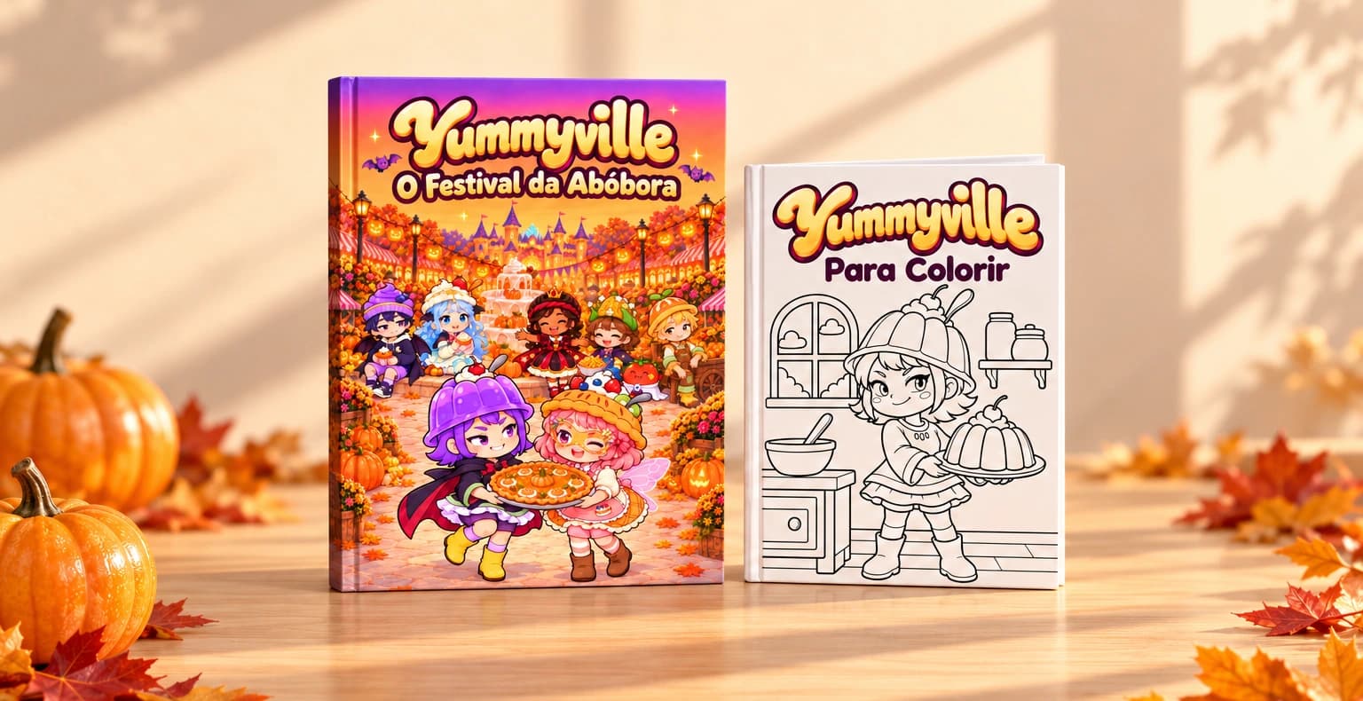 Os livros O Festival da Abóbora e Yummyville para Colorir sobre uma mesa com abóboras